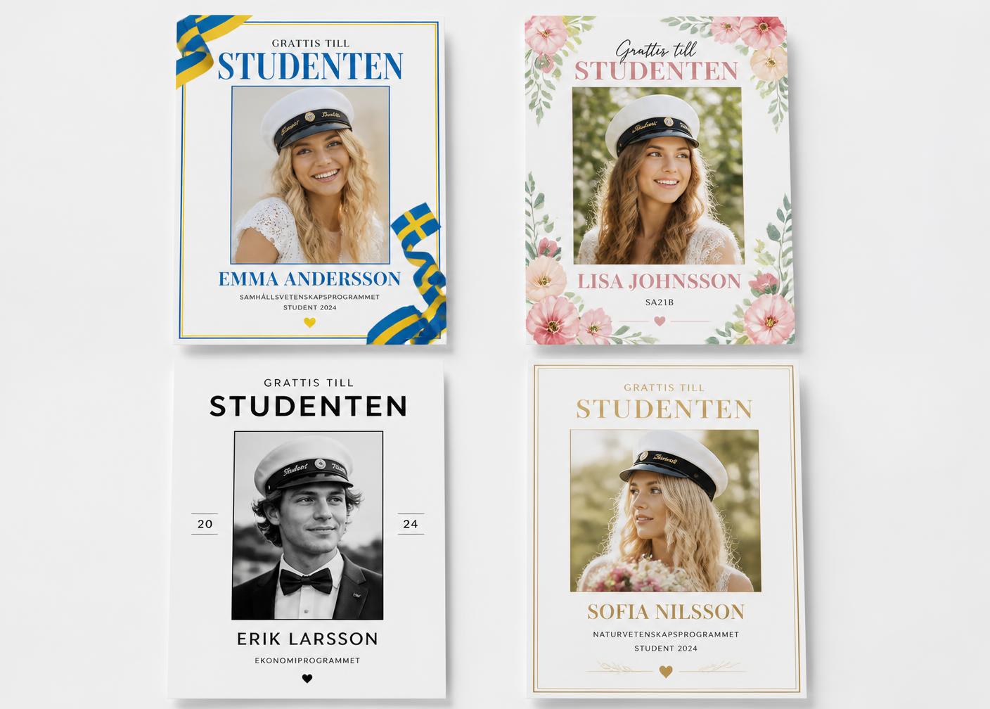 Fyra exempel på studentskyltar: klassisk blågul, blommig, minimalistisk och elegant guld